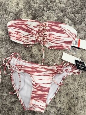 Macy's White and Dusty Rose Tie-Side Lace-Up Bikini